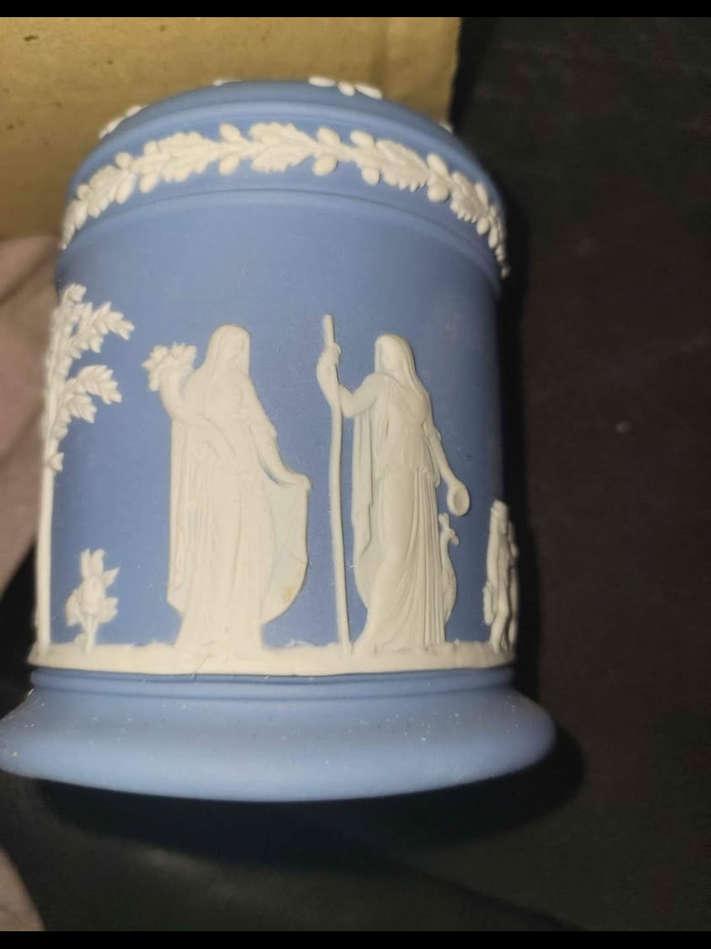 Blue Jasperware Style Trinket Pot with White Relief